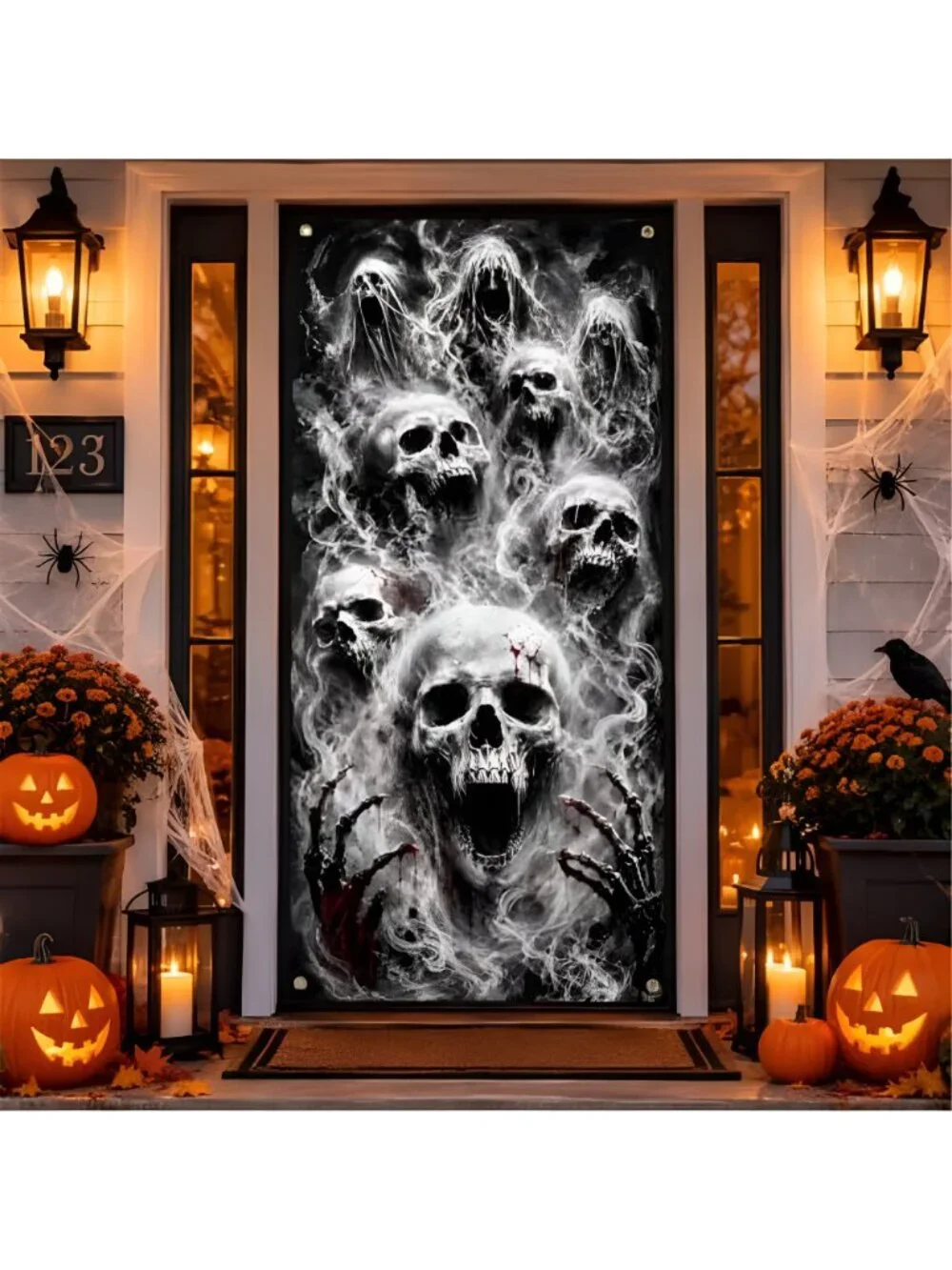 Halloween Door Cover, 72 x 35 Inch Scary Skull Ghost Door Decorations
